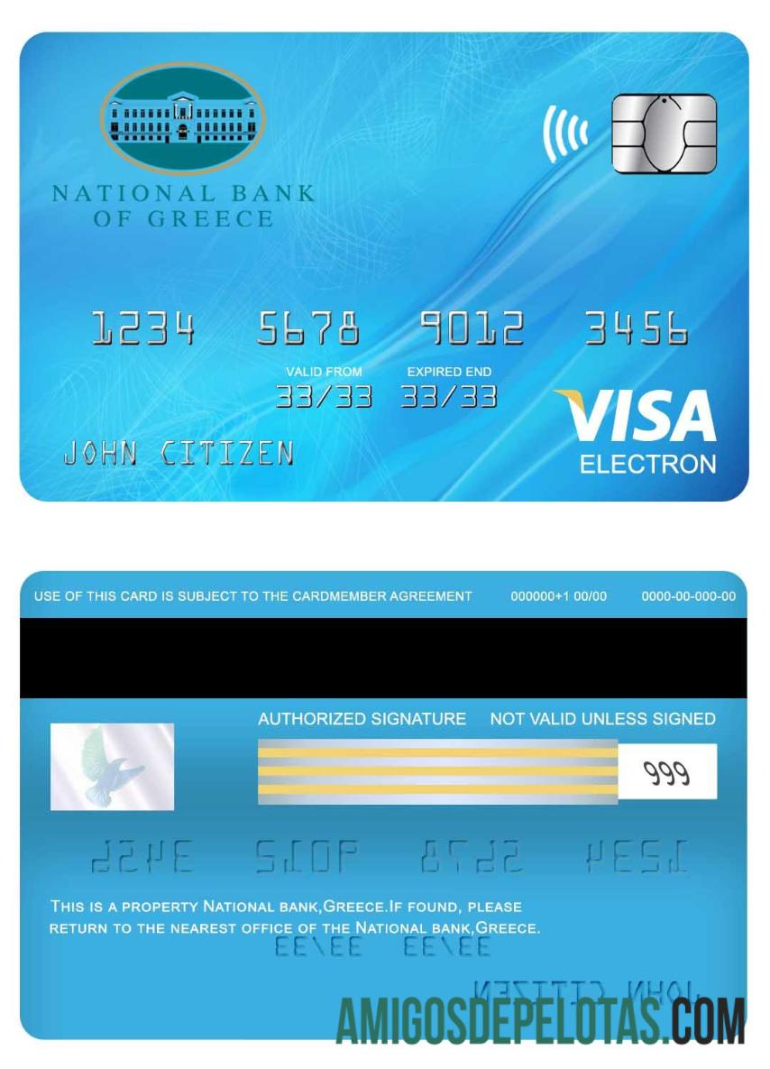 Cartão Nacional Visa Electron da Grécia exemplo